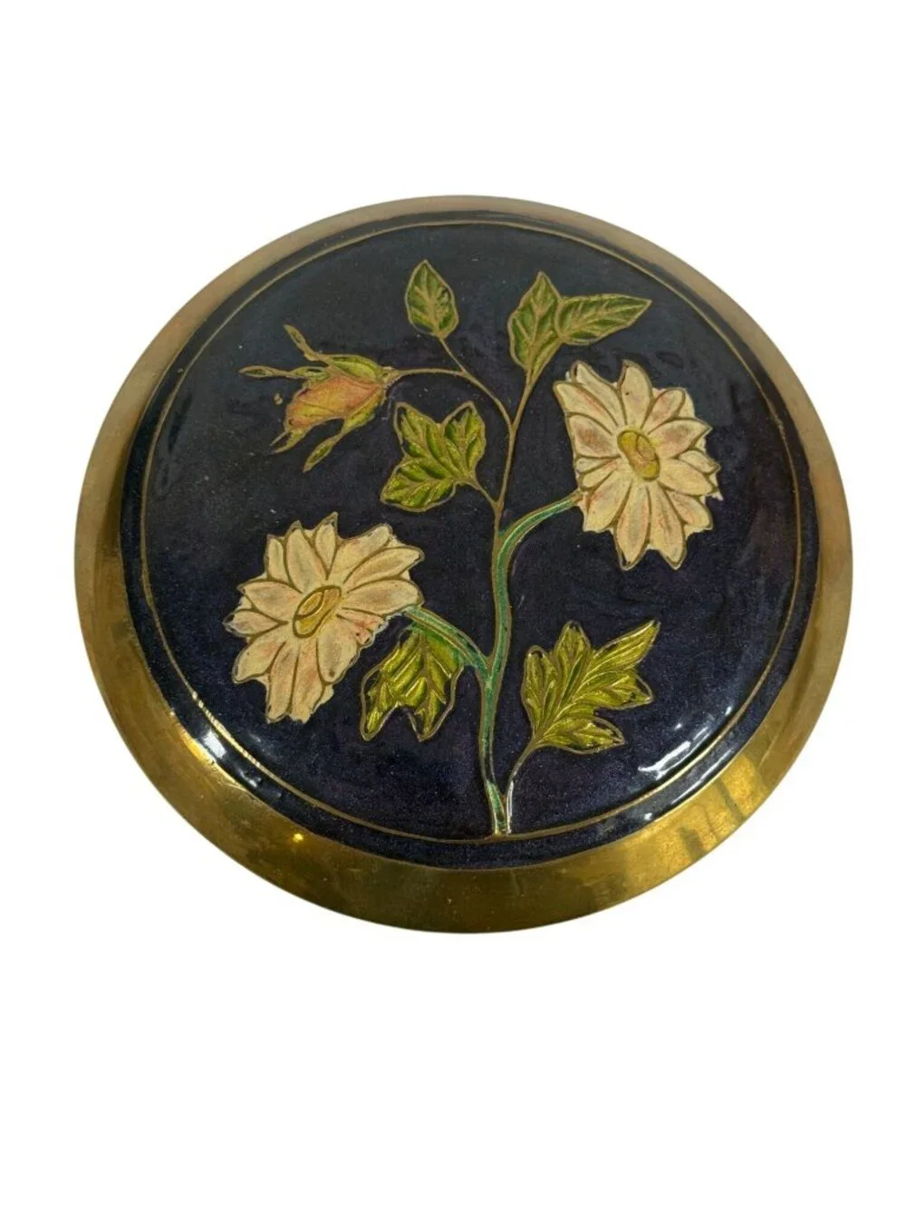 Vintage Brass Trinket Box Enamel Floral Lid Jewelry Grandma Cottage Core